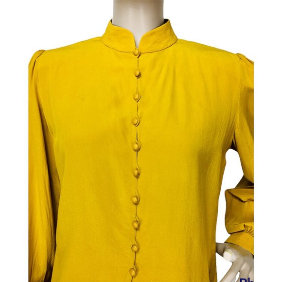 Vintage 90's Jean Louis Scherrer Paris Mustard Gold Crepe Button-Down Bl… - Picture 2 of 7